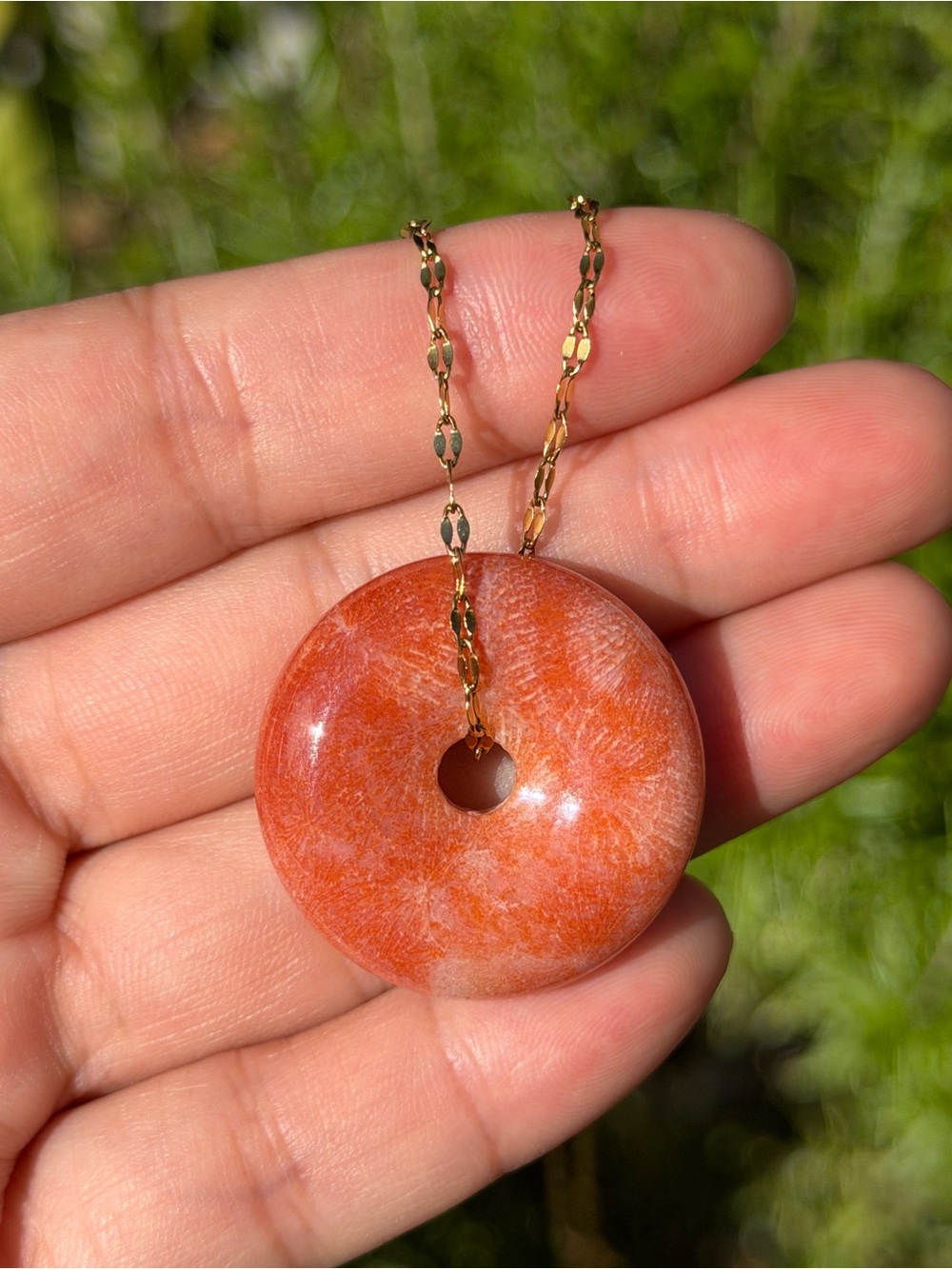 Gold plated stainless steel coral jade donut neckalce 1809